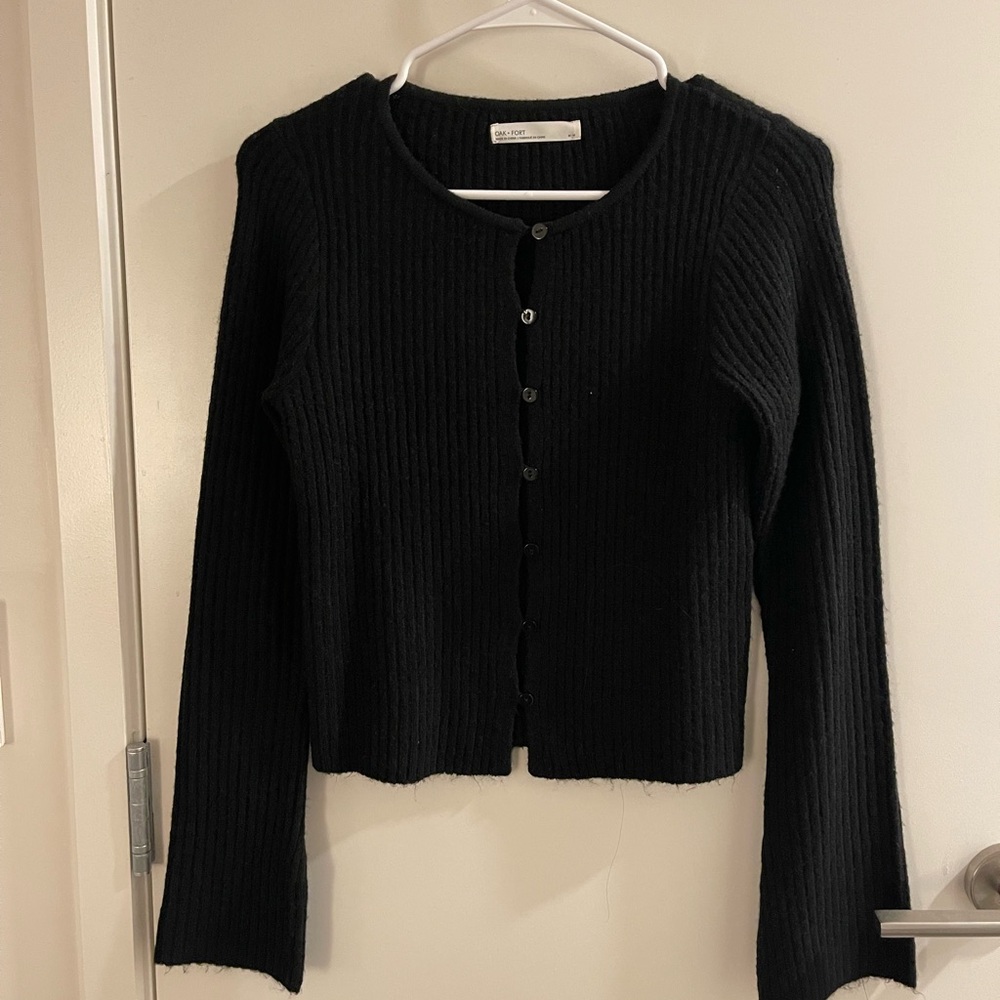 OAK + FORT Black Ribbed Knit Cardigan Sweater